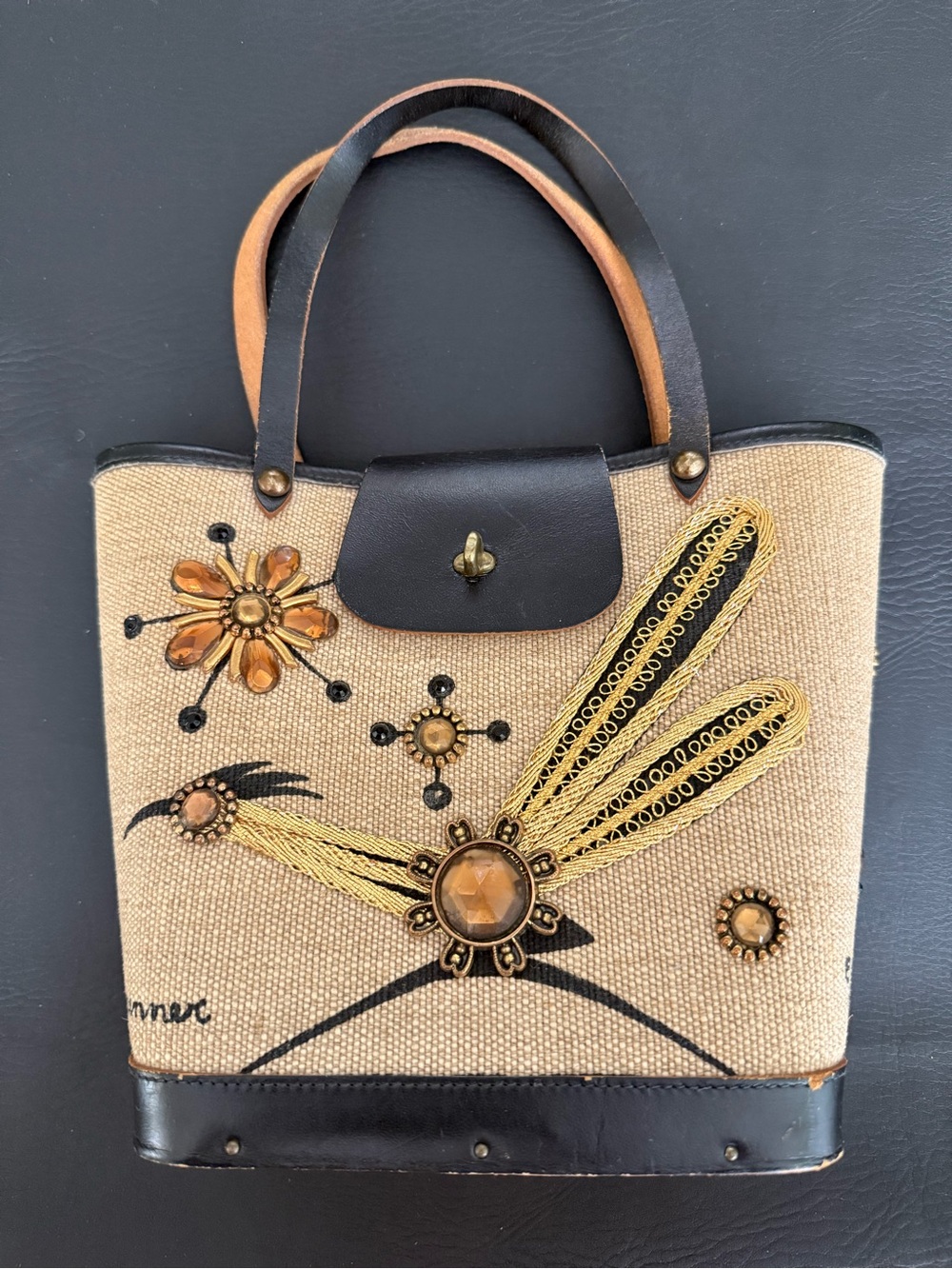 Vintage Enid Collins “Roadrunner” Beige and Black Embellished Tote Bag